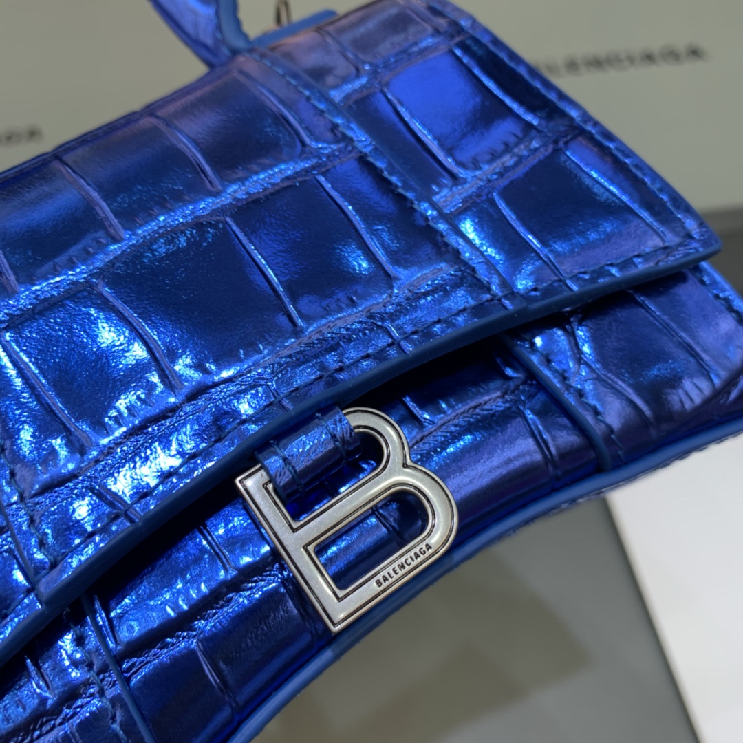 Balenciaga Hourglass Mini Handbag With Chain Crocodile Embossed Shoulder Bag Blue